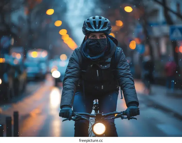 Cyclist riding in the city at night