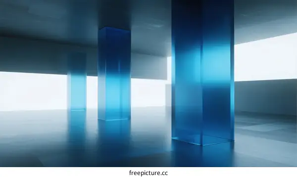 Abstract Blue Glass Columns in Modern Minimalist Interior Space