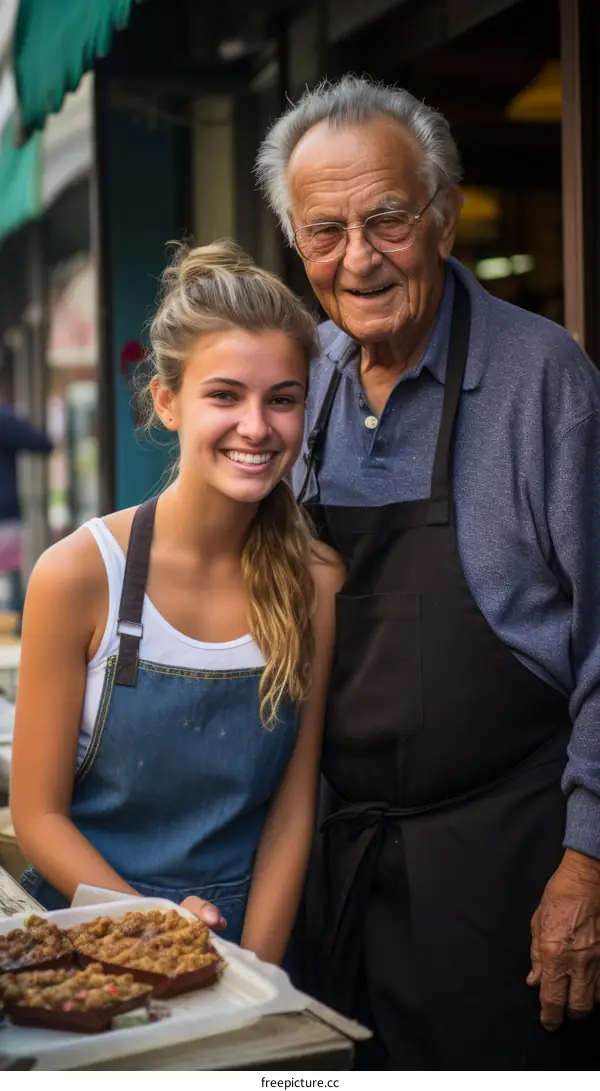 An elderly man and a young woman smile together while standing outside of a restaurant.