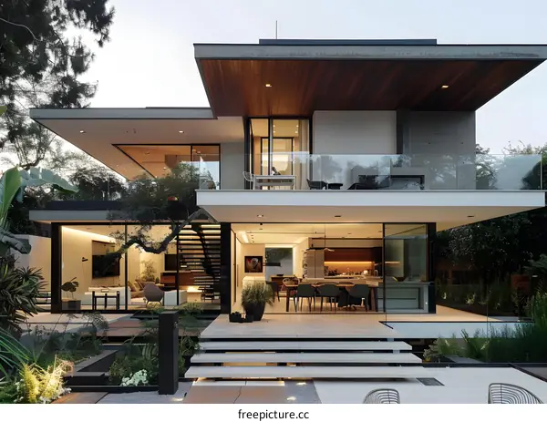 Modern House with Glass Balconies and Patio