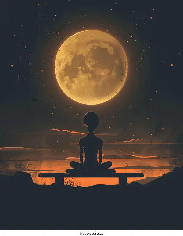 An alien sits on a bench and gazes at the moon