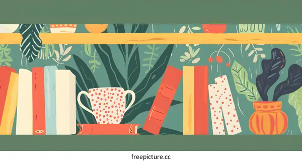 Colorful Illustration of Books and Plants on Shelf