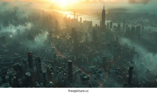 Futuristic Aerial View of a Smoggy Cityscape
