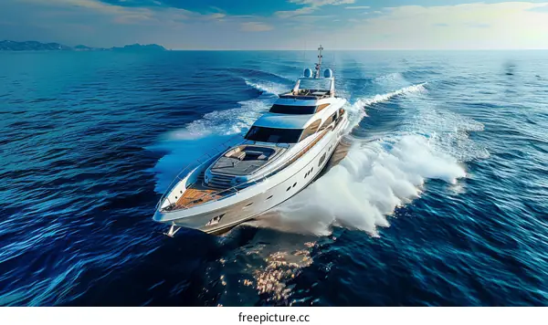 A luxury yacht is speeding across the ocean