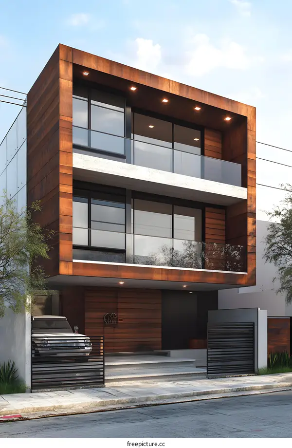 Modern House with Wood Facade and Balconies