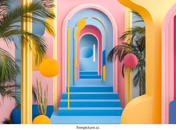 Abstract 3D Illustration of a Colorful Archway with Palm Trees