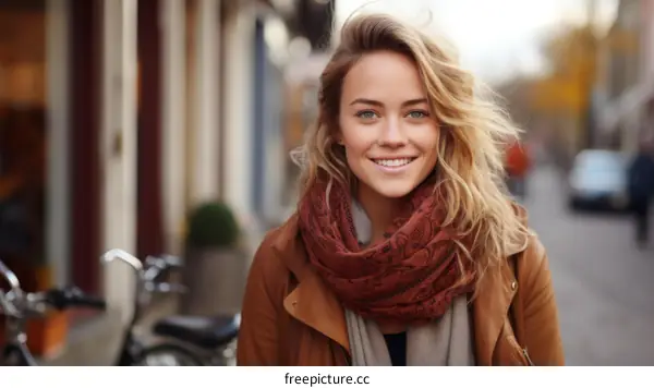 portrait of a beautiful blonde woman smiling wearing a brown jacket and scarf