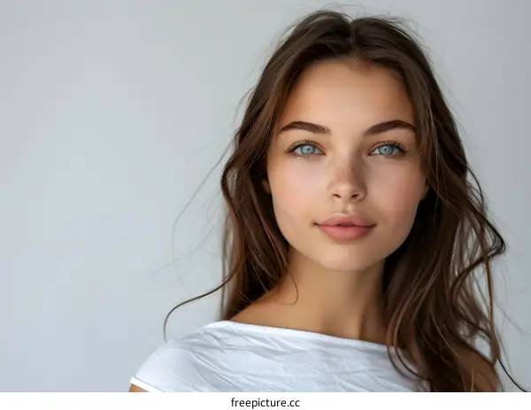 portrait of a beautiful young woman with freckles and blue eyes