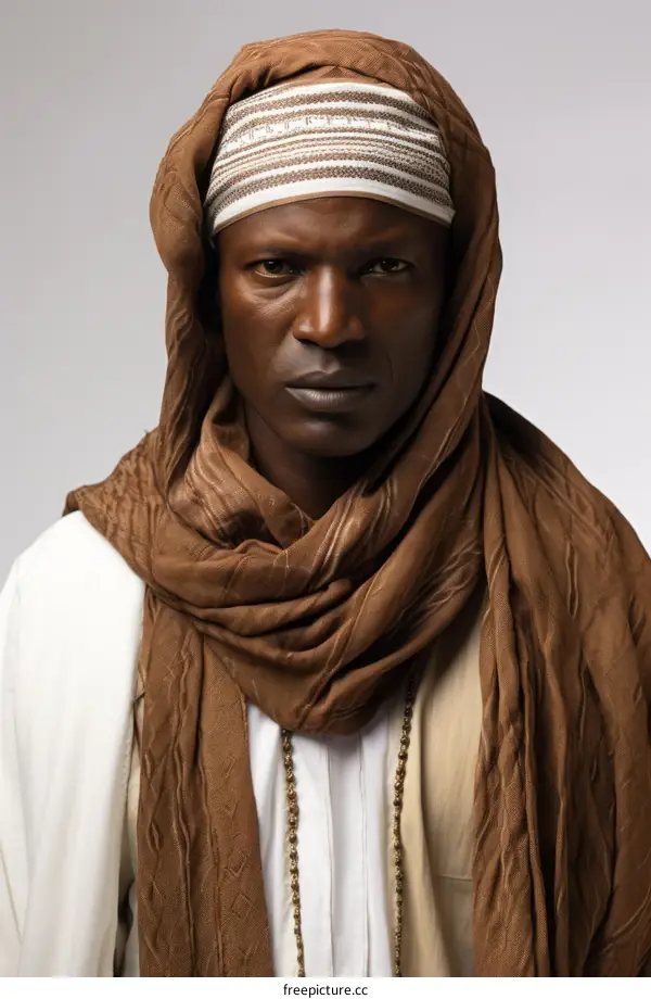 Portrait of a young man wearing a brown and white turban