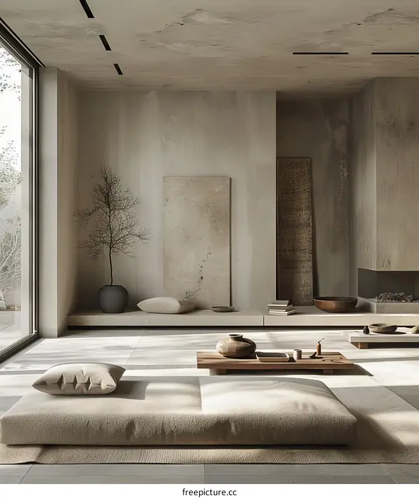 Minimalist Japanese Style Living Room Interior Design with Wooden Floor and Tatami Mat