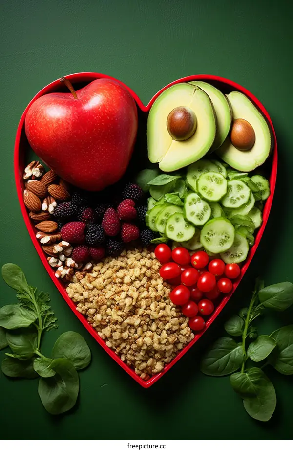 A variety of healthy foods arranged in a heart-shaped bowl