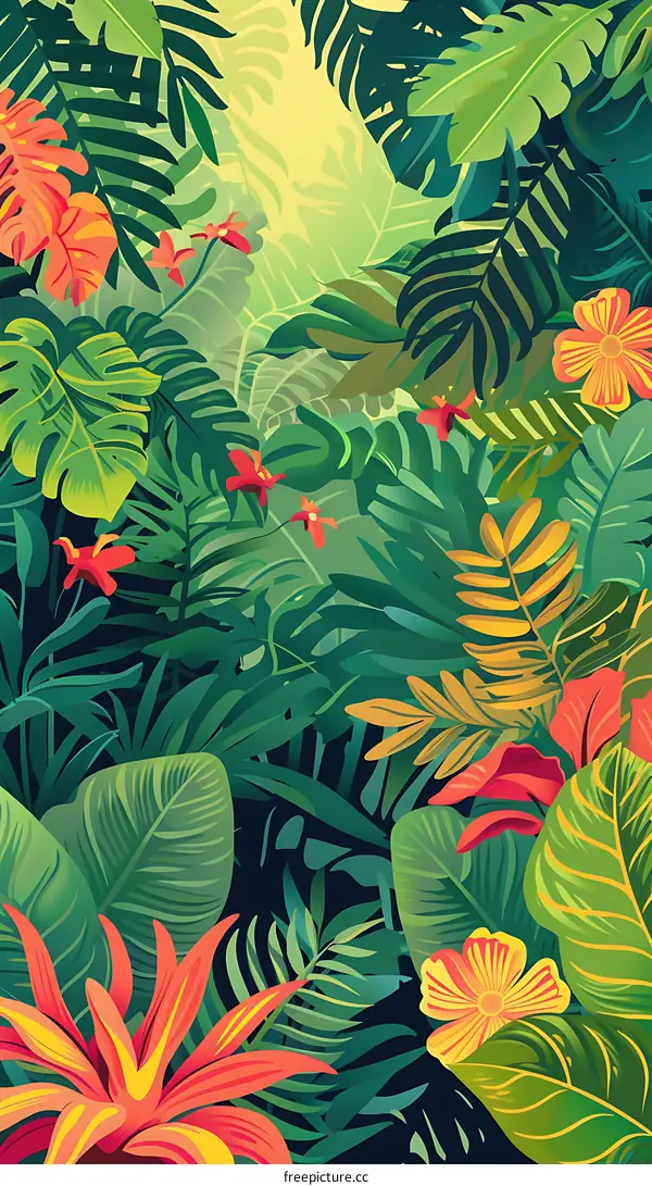 Tropical Jungle Leaves and Flowers Background