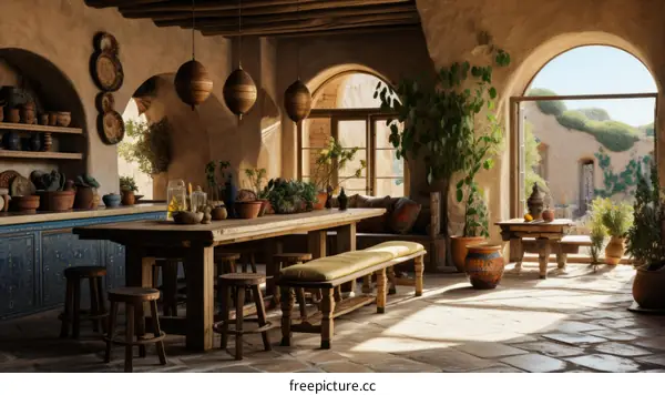 Middle Eastern style courtyard with plants and a long wooden table