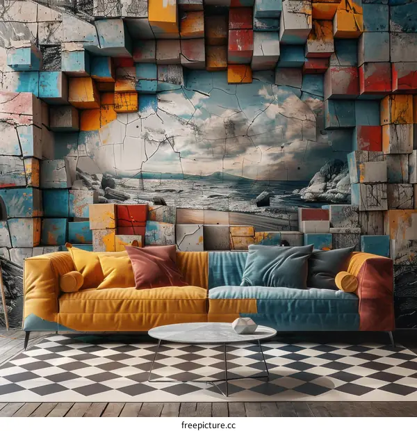 3D Living Room Interior with an Abstract Painting of a Beach Landscape