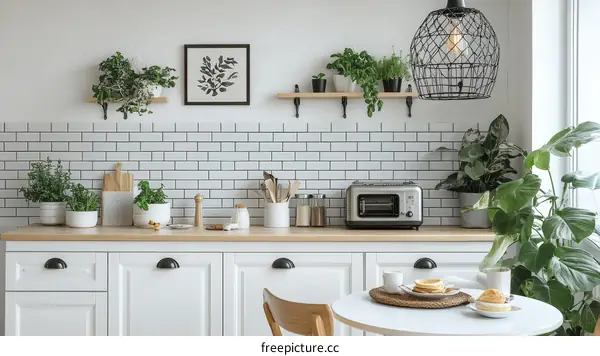 Modern White Kitchen with Plants and Breakfast