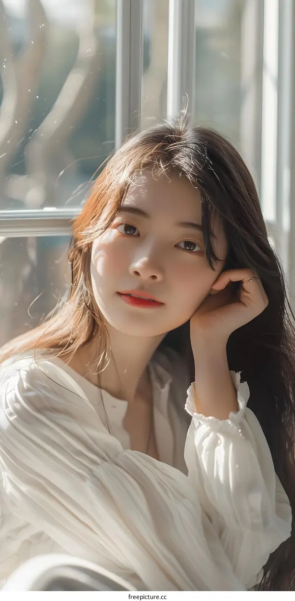 Portrait of a Young Asian Woman with Long Hair Looking Out of Window