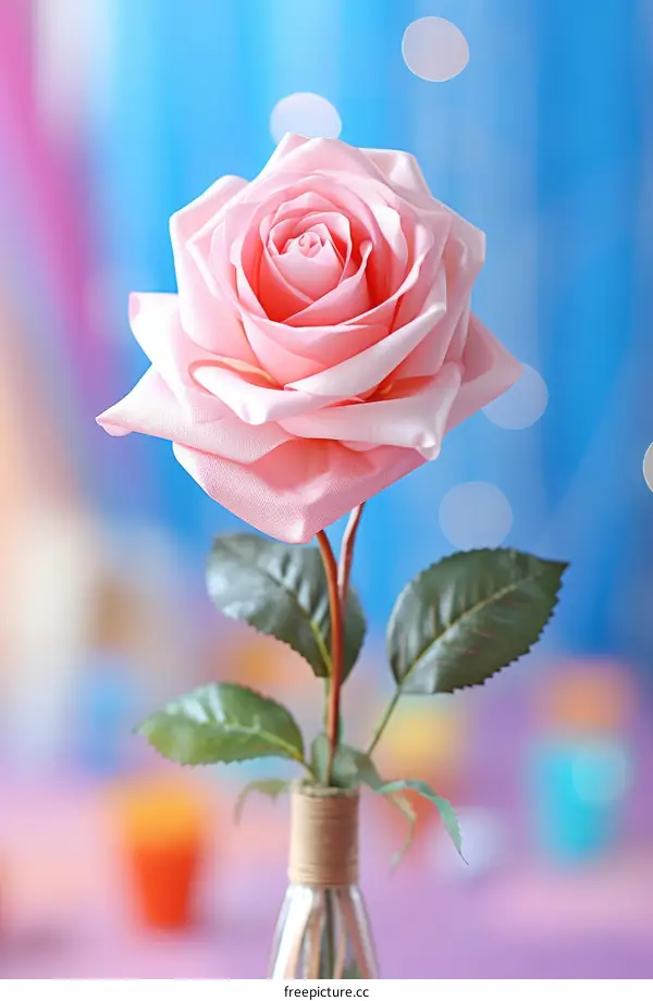 Single pink rose on blurred background