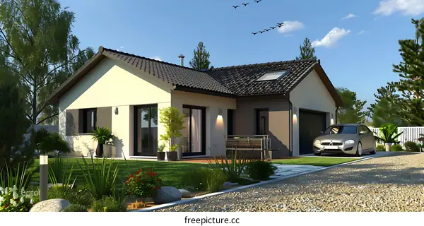 Modern one story house with garage and garden