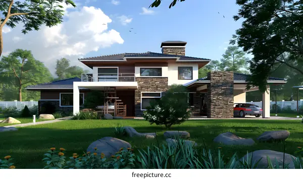 Modern Two Story House with Stone Exterior and Green Lawn