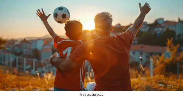 Father and son watching the sunset over the city