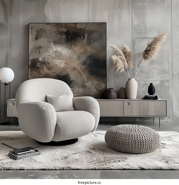 A stylish living room with a comfortable armchair, a rug, and a decorative vase