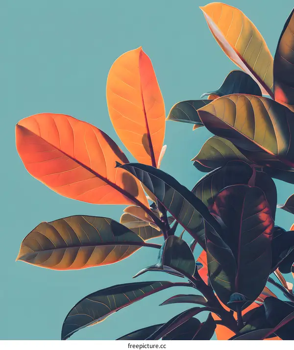Vibrant Green and Orange Leaves Against a Blue Sky