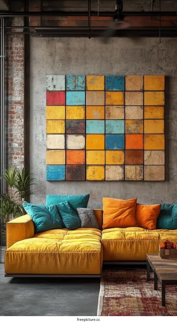 Modern Industrial Living Room with Colorful Art