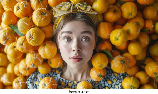 girl laying in oranges