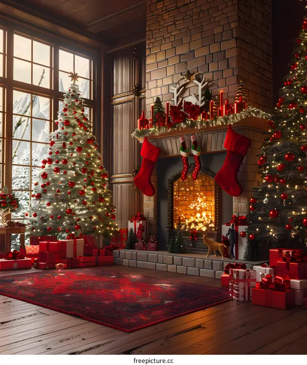 Christmas tree by the fireplace