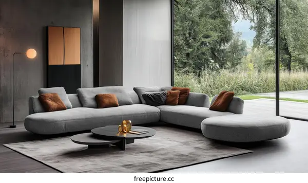 Modern Grey Sectional Sofa with Coffee Table and Large Windows