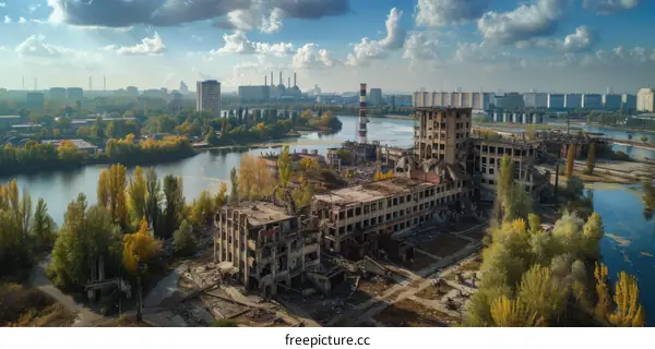 An aerial view of an abandoned factory complex in the middle of a city.
