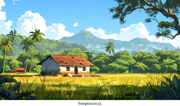Tropical Landscape with Small House and Palm Trees