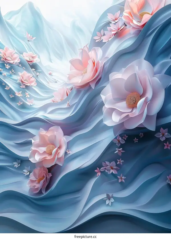 Purple Flowers and Delicate Butterflies on a Blue Background