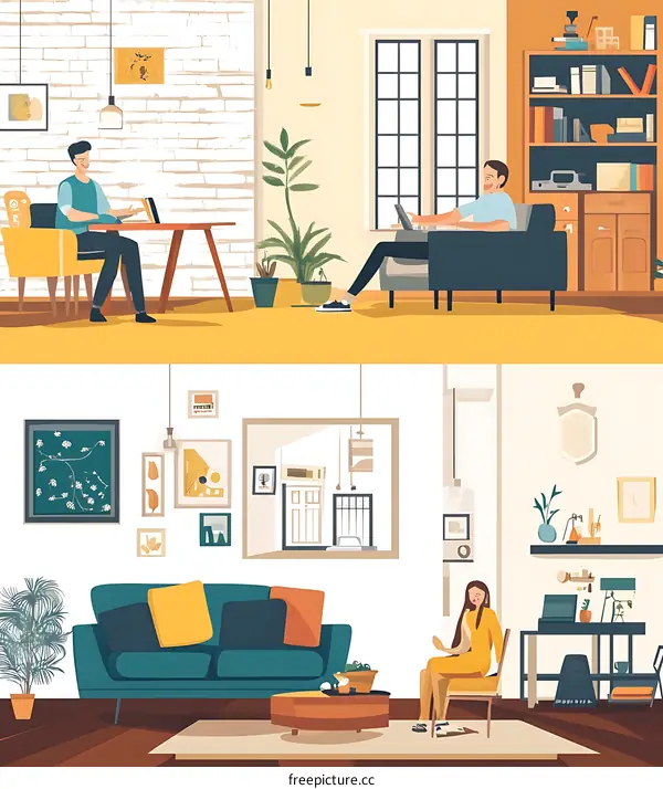 Modern Home Interior Design with People Working and Relaxing