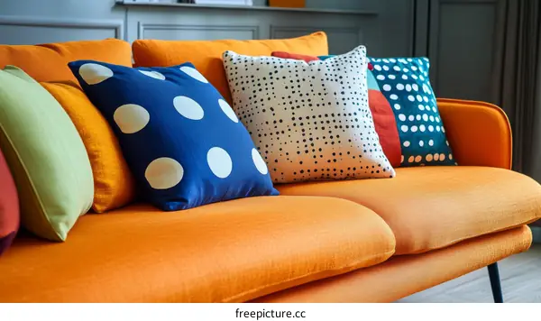 Orange Sofa with Colorful Throw Pillows