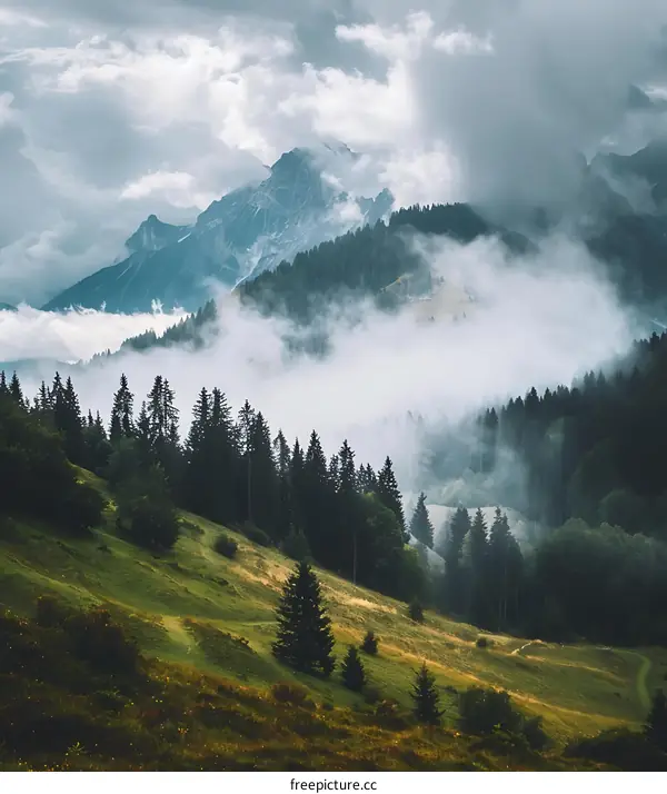 Misty Mountain Landscape with Fog and Evergreen Trees