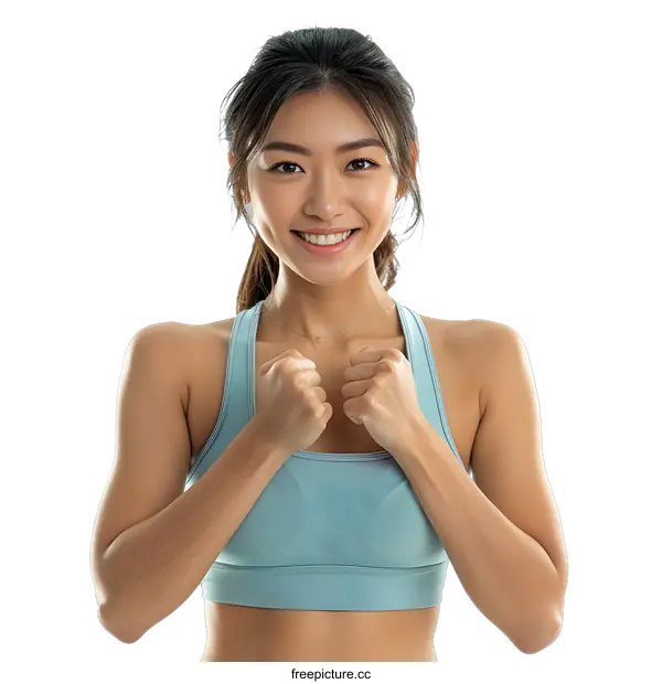 [Transparent Background PNG]Asian young woman in sportswear smiling with clenched fists