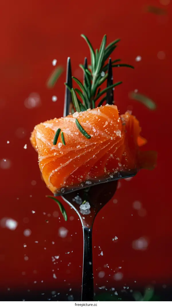 Appetizing Salmon Fillet on a Fork with Herbs and Spices