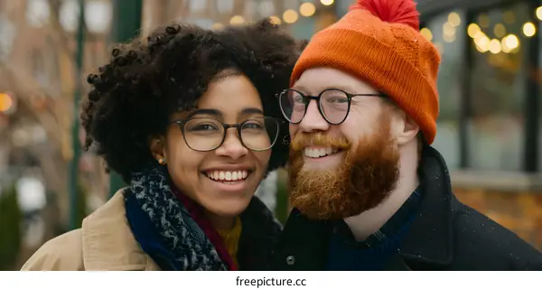 Smiling Couple in Love During the Winter