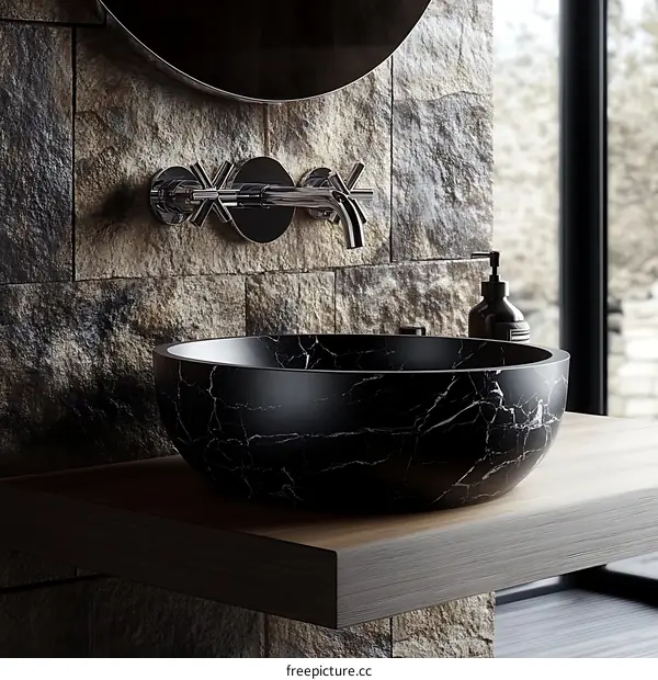 Modern Black Marble Vessel Sink in a Rustic Bathroom