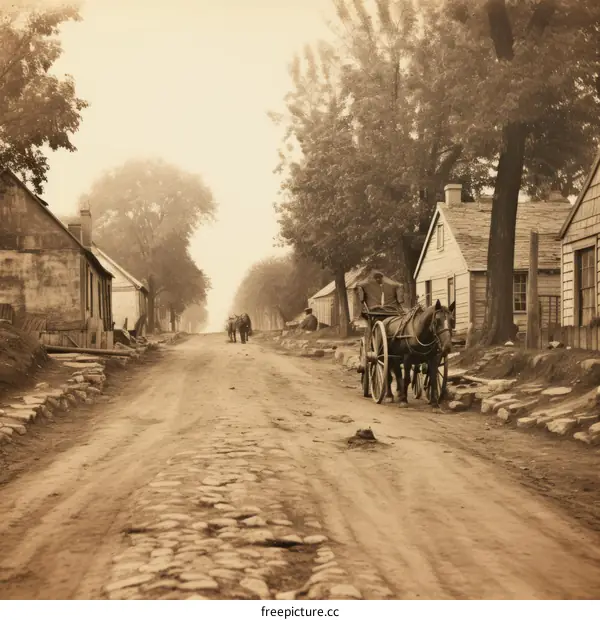 A dirt road in a rural town with a horse-drawn carriage