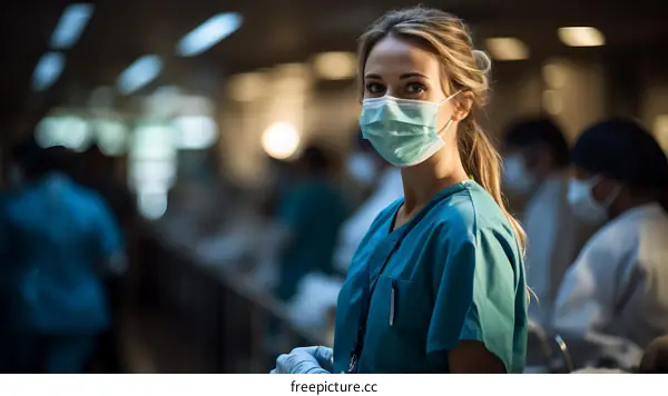 Portrait of a confident female doctor or nurse wearing a surgical mask in a busy hospital setting
