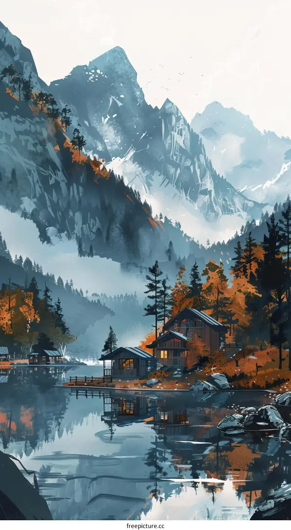 Tranquil mountain lake landscape with cabins