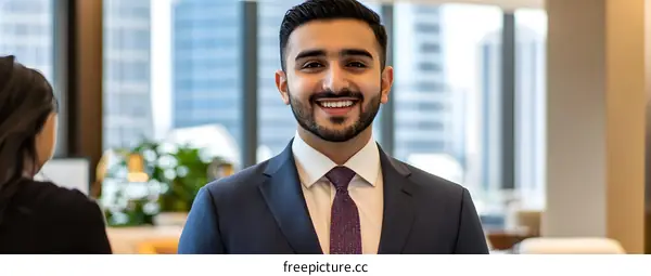 Smiling Businessman in a Corporate Office Environment
