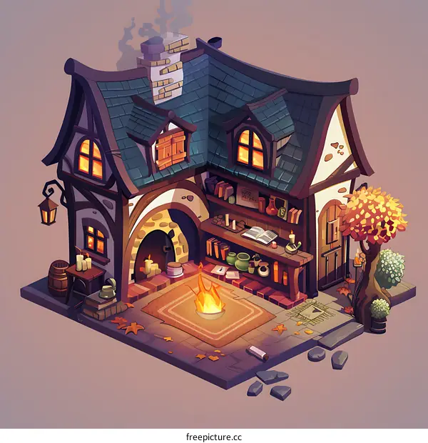 Cozy Cottage with Fire and Bookshelf