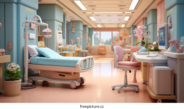 An illustration of a colorful and明亮的儿童医院病房
