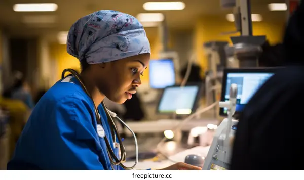 A nurse wearing a headscarf is looking at a computer screen.