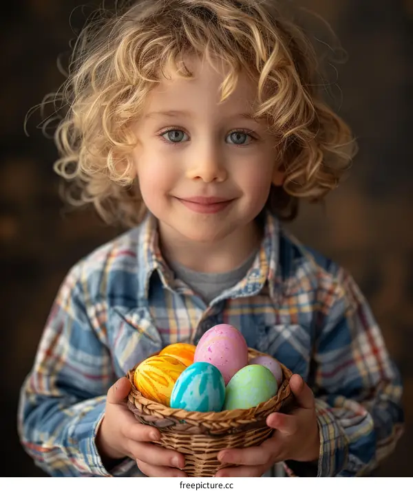 Portrait of a happy young boy holding a basket of Easter eggs