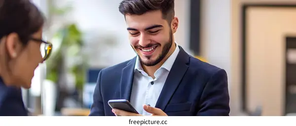 Smiling Businessman Using Smartphone in Office