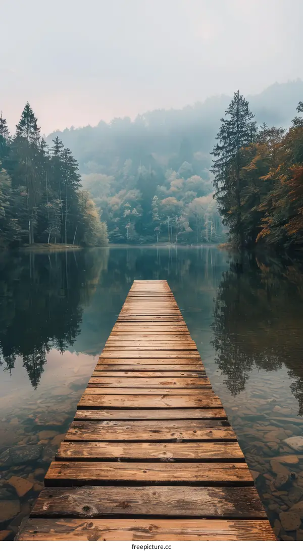 Wooden dock extending out into a body of water surrounded by trees
